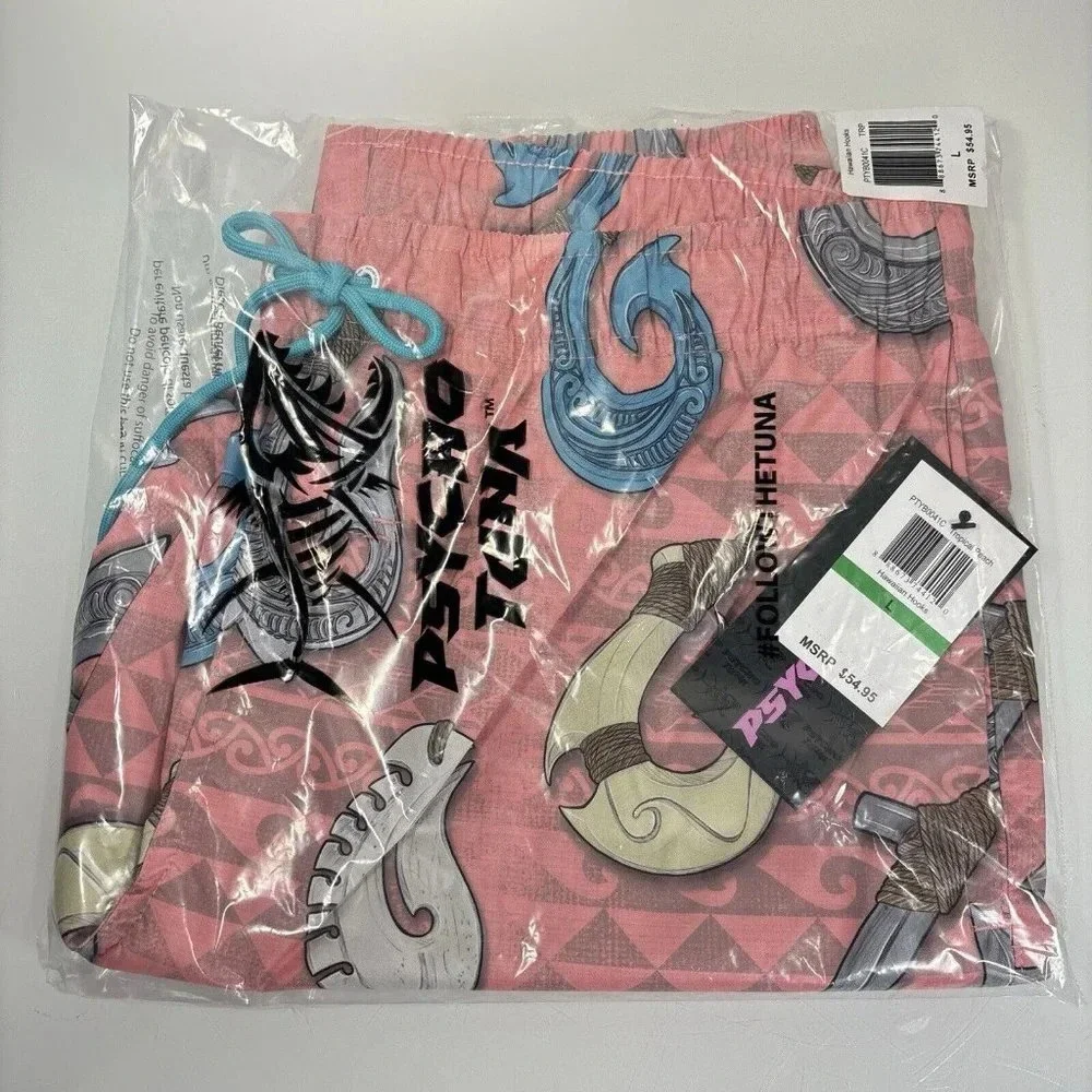 Psycho Tuna Blush Pink Hawaiian Hooks Print Board Shorts‎ Swim Trunks NWT